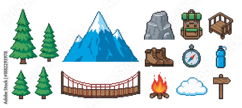 Pixel art icon set for camping and hiking featuring a mountain, trees, backpack, campfire, and other adventure elements in a retro 8-bit video game style illustration