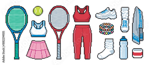 Pixel art collection of tennis equipment and women's sportswear including rackets, a ball, clothing, and accessories in a retro 8-bit video game style illustration