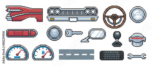 Pixel art set of retro car components featuring a grille, steering wheel, tire, speedometer, gear shift, and other automotive icons with a classic 8-bit video game design