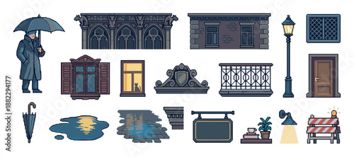 Pixel art collection of city elements for a video game, featuring a person with an umbrella, gothic architecture, a cat in a window, and a street lamp for a moody urban scene