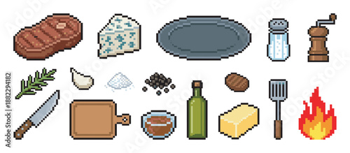 Pixel art food and cooking icons collection featuring a grilled steak, blue cheese, spices, utensils, and other ingredients for a gourmet meal in a retro 8-bit video game style