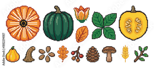 Pixel art collection of autumn harvest elements including pumpkins, leaves, a mushroom, and a pinecone in a retro 8-bit video game style