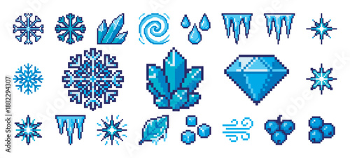 Set of blue pixel art winter icons featuring snowflakes, ice crystals, icicles, a diamond, and other cold weather elements for a retro video game interface or graphic design