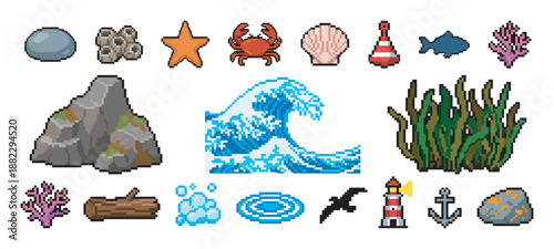 Set of pixel art sea icons featuring a large wave, crab, starfish, lighthouse, and anchor in a retro 8-bit video game style with various marine and nautical objects