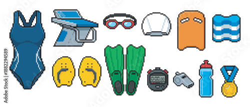 Pixel art set of swimming equipment including a swimsuit, goggles, fins, starting block, stopwatch, and medal, illustrating a collection of athletic gear for competition