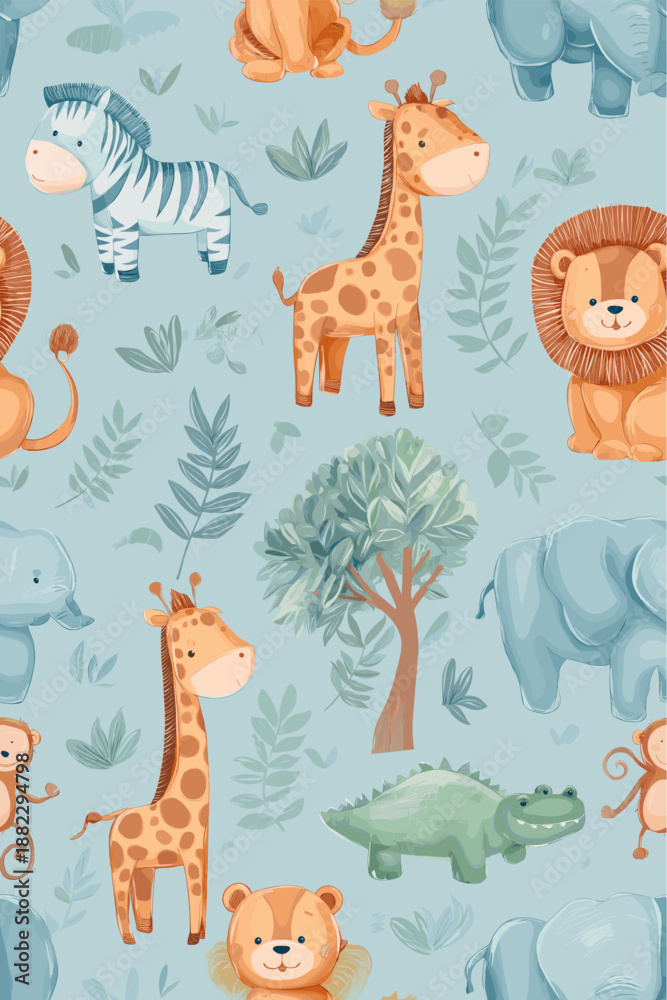 Fototapeta premium Safari animals pattern with giraffes, elephants, and lions on a light blue background. Cute cartoon jungle animals seamless pattern