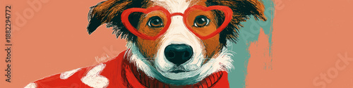 Doodle dog wearing a red heart sweater with heart-shaped glasses. Dog wearing red heart sweater and glasses for Valentine