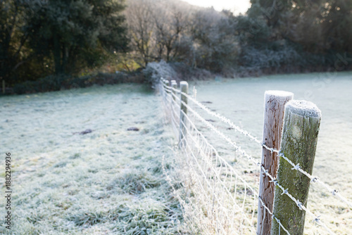 A frosty winter countryside scene with icy fence posts and wire fence. Winter cold weather. Freezing cold. Rambling and countryside walks.