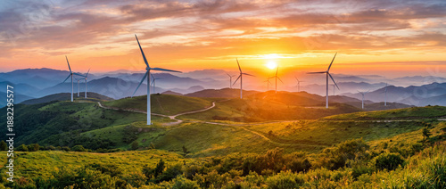 Moutain landscape with wind turbines, green energy, environement care