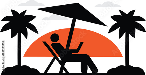 Silhouette of person relaxing in beach chair under umbrella with palm trees image photo