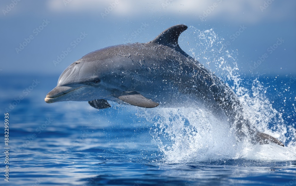 Fototapeta premium A grey dolphin leaps from the ocean, sending water splashing upwards
