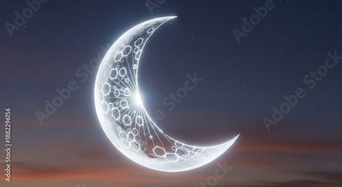 Glowing crescent moon with geometric patterns in night sky