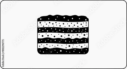 A layered cake with black and white stripes and dots, viewed from directly above, on a clean background, depicting a sweet treat