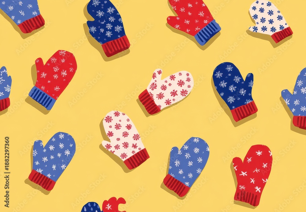 Obraz premium Cozy Knitted Mittens In Red Blue And White Patterns On A Warm Yellow Background