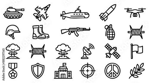 Military and war line icons set. Vector collection of army symbols including tank, weapon, drone, soldier gear, explosion, and peace signs. Simple outline style isolated on white background. 