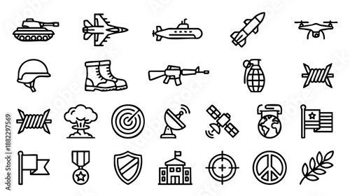 Military and war line icons set. Vector collection of army symbols including tank, weapon, drone, soldier gear, explosion, and peace signs. Simple outline style isolated on white background. 