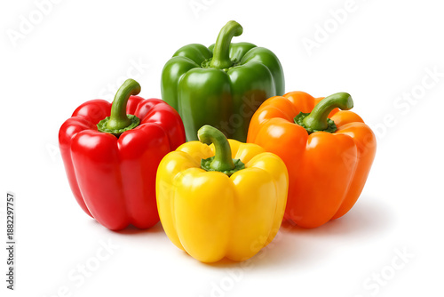 Group of four fresh bell peppers in red green yellow and orange colors on white background