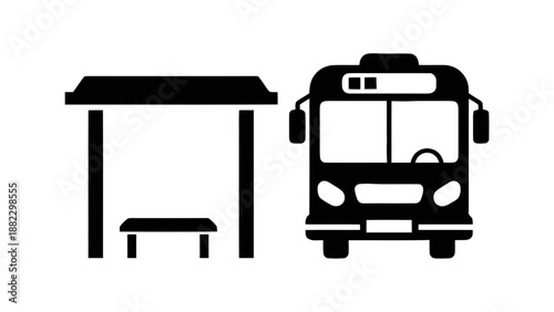 Vector illustration of a bus stop shelter with bench and a public city bus for transport