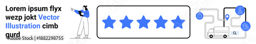 Person pointing at blue stars highlighting rating, accompanied by logistics flowchart with truck and nodes. Ideal for customer feedback, quality control, user experience, logistics, transportation