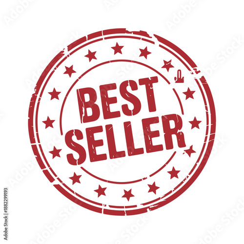 A red best seller stamp on a white background with stars and a circular design