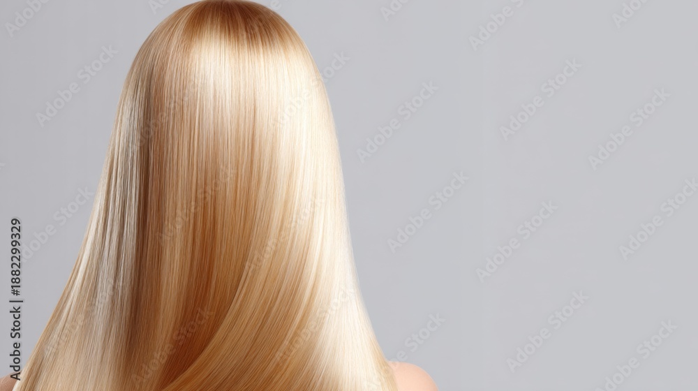 Naklejka premium A close-up view of smooth, silky, and shiny blonde hair flowing gracefully. This evokes beauty and elegance. Perfect for beauty, haircare, and fashion themes. AI