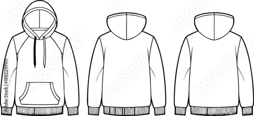 Technical drawing of a hoodie with front and back views fashion design template