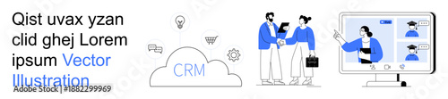 Business collaboration, CRM systems, cloud computing, digital communication, team management, customer service. Professionals sharing documents near CRM cloud. Business collaboration and CRM systems