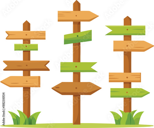 Directional signs on wooden posts with multiple pointers