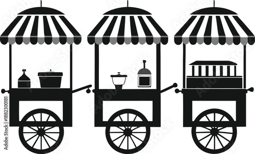 Three food carts with striped awnings and wheels for easy mobility in events and festivals