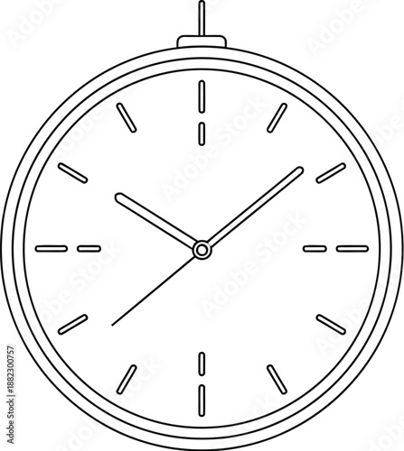 Minimalist line art illustration of a classic pocket watch face displaying the time with simple hour markers and three central hands against a plain white background suitable for design projects.