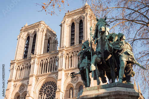 Statue of Charlemagne on the forecourt of Notre-Dame Cathedral in Paris