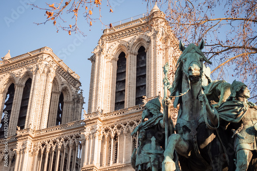 Statue of Charlemagne on the forecourt of Notre-Dame Cathedral in Paris