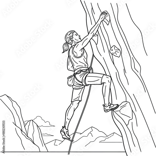 Line art drawing depicts a determined female rock climber ascending a steep, textured cliff face using specialized gear and focused physical effort showcasing outdoor adventure sports.