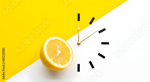 Lemon time concept with bright yellow and white background and clock hand illustration