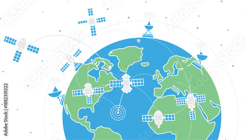 Illustration depicting global satellite communication networks connecting various points across the Earth's surface through orbiting spacecraft and ground stations in space