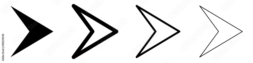 Obraz premium Arrow icon. Triangular arrow pointing right: black silhouette and outline lines, isolated on white background. Vector illustration.