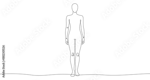 Female body or mannequin in full height in one line art style. Drawing with editable black stroke on white background. Vector illustration.