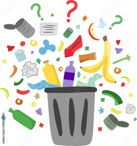 garbage bin with scattered trash and question marks isolated on white background messy litter flying out of trash can waste sorting pollution concept