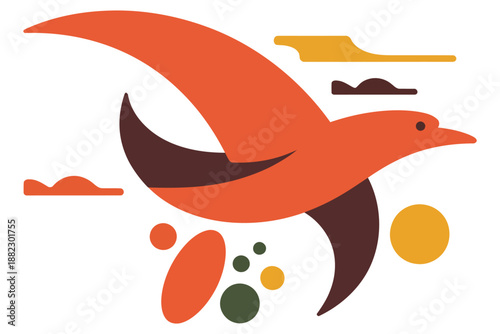 A vibrant abstract illustration of a bird in flight with colorful shapes and circles