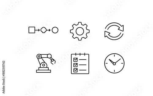 Set of industrial process icons including workflow, gear, robot arm, checklist, and clock