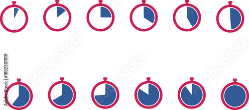Icons of stopwatch timing. Progressive time tracking with multiple clocks timer  displaying variable intervals with vector time slices.