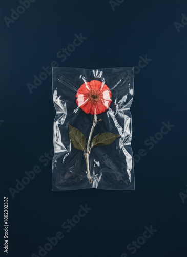 Flower vacuum sealed in plastic package for ecology and creative preservation design concepts