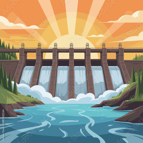 A serene cartoon illustration of a dam at sunset with water flowing down its spillways into a calm river