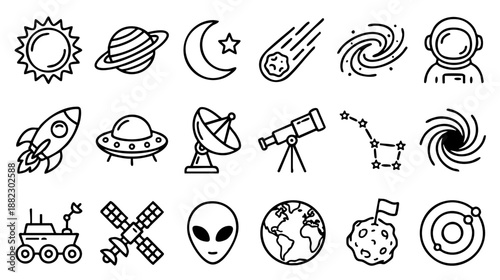 20 vector line icons depicting outer space, astronomy, and cosmic exploration. Outline symbols for planets, rockets, astronauts, telescopes, and celestial phenomena.