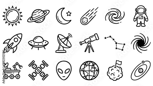 20 vector line icons depicting outer space, astronomy, and cosmic exploration. Outline symbols for planets, rockets, astronauts, telescopes, and celestial phenomena.