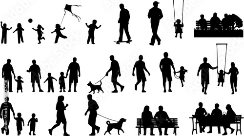 People different ages doing outdoors activities with various poses in public park vector silhouettes. People all ages playing in park family bonding leisure time black silhouette set