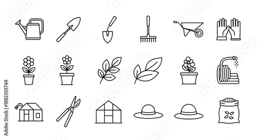 Collection of simple line icons for gardening and outdoor activities.