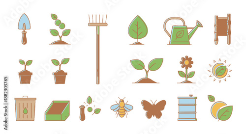 Collection of gardening icons including tools and plants.