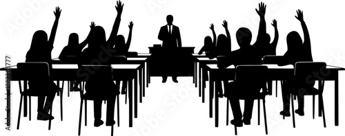 Students raising hands in classroom silhouette vector illustration isolated on white background