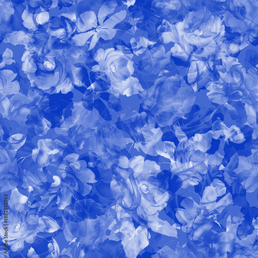 Fototapeta premium Seamless floral pattern with soft roses and leaves in varying shades of blue for elegant textile and wallpaper design